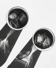a black and white photo of two glasses of ice and a toothbrush with ice cubes on the side.