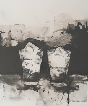 two glasses of ice on a table with a black and white painting of two ice cubes on the table.