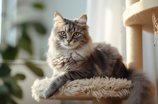 a silver gray cat sits on a cat tree