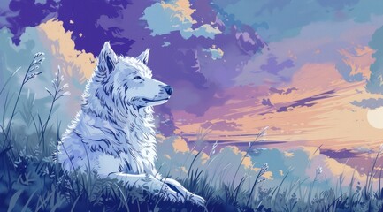 a painting of a white wolf sitting in a field of grass with the sun setting in the sky behind it.