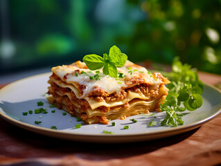 A piece of homemade vegetarian lasagne with soy meat and vegetables on white plate, blurry kitchen background 