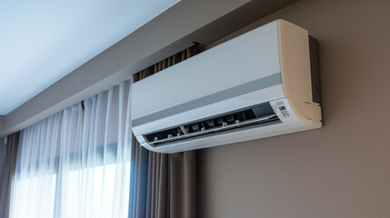Air conditioner in beautiful interior above the sofa, bed near the window emitting cold air - obrazy, fototapety, plakaty