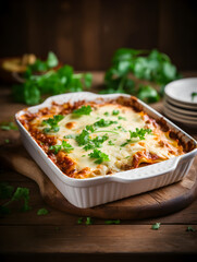 Homemade vegetarian lasagne with soy meat and cheese in a baking dish on kitchen table, blurry background 