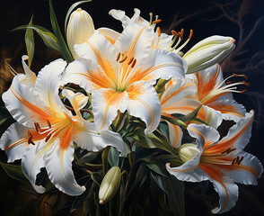 - decorative white lilies on a black background, generative ai