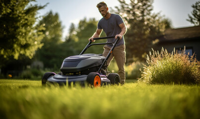 Fototapeta premium person mowing grass with an orange lawn mower
