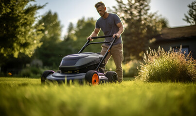 person mowing grass with an orange lawn mower