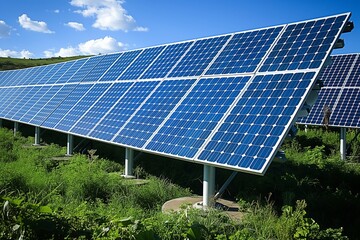 Expansive solar farm with rows of panels capturing sunlight, set against clear blue skies, greenery underneath. Renewable energy in action with vast solar panel array, eco-friendly electricity