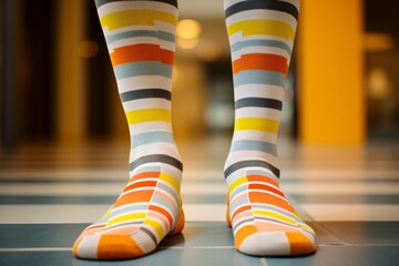 a person wearing colorful socks - obrazy, fototapety, plakaty