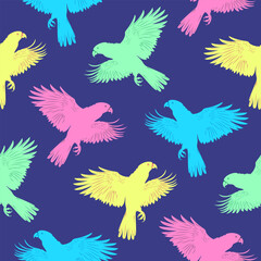 Seamless neon pattern with bright parrots in flight. Vector background in retro style
