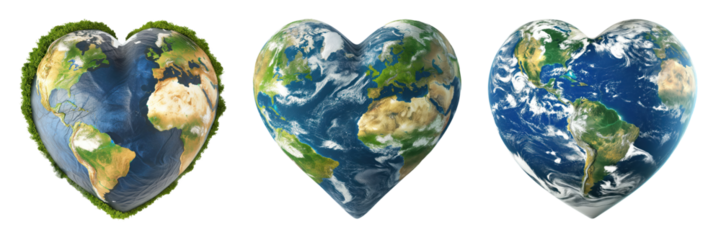 Set of planet earth isolated on a white or transparent background. Earths in the shape of a heart close-up. Valentine's day and Earth's day concept.