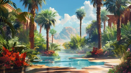 A serene desert oasis, with palm trees swaying in the breeze and a sparkling pool of water at its center. The air is filled with the sweet scent of flowers and the distant sound of birdsong.