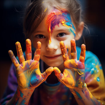 the little girl shows her hands with a palette of colors on her fingers and face