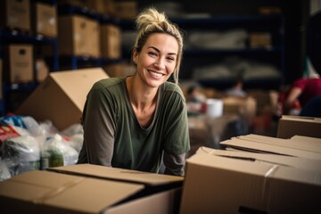 Portrait of a female packing donation boxes in community center