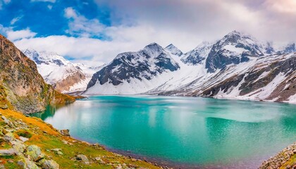Obraz premium Alpine landscape of snowy mountains and glacier lake. Natural scenery