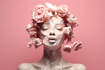 3d womans head with flower crown geometric low poly style on a pastel pink background for International Womans Day