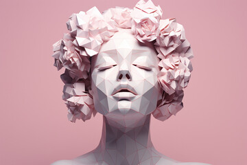 3d womans head with flower crown geometric low poly style on a pastel pink background for International Womans Day