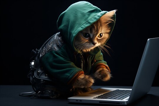 a cat wearing a hoodie and using a laptop