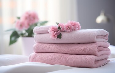 three towels are stacked on a bed