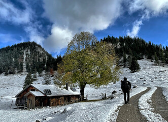 Wanderer auf einem Weg durch das Arzmoos im ersten Schnee mit herbstlich bunten Laubbäumen neben...