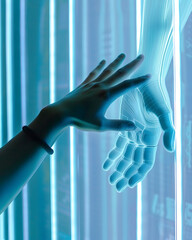 Contact between a cyber hand hand a human hand - Technologies and artificial intelligence concept