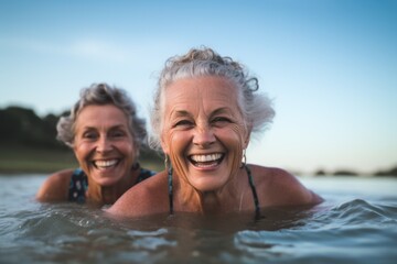 Portrait of a smiling senior women swimming in a lake