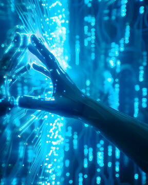 Contact between a cyber hand hand a human hand - Technologies and artificial intelligence concept