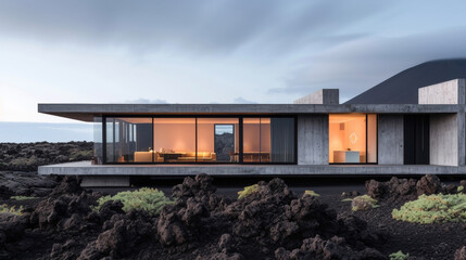 Fototapeta na wymiar The minimalist design of this lava field home accentuates the harsh beauty of the volcanic terrain with sleek lines and large windows that bring the outdoors in.