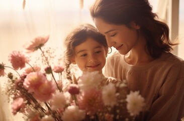 mother hugging daughter and holding flowers