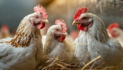 Three white chickens close-up at an indoor poultry farm