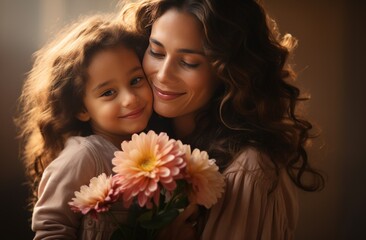 Fototapeta premium mother hugging daughter and holding flowers