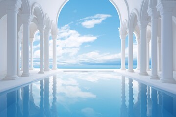 a pool with arches and columns