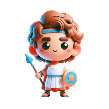 Cute Cartoon Warrior Depicting Ancient Greek Hero, Vibrant Chibi Style Illustration