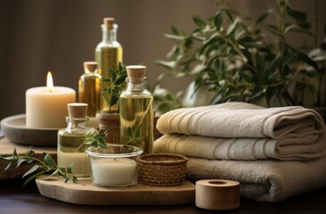 Fototapeta na wymiar a bottle of essential oil, towels and natural skin care products are shown on a wooden table