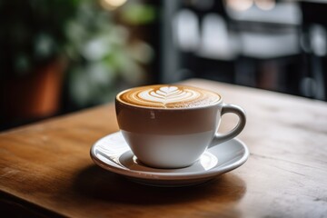 Cappuccino with Artful Froth Design in a White Cup on Wooden Table
