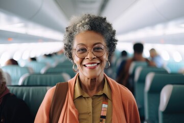 Portrait of a smiling senior woman on the commercial plane