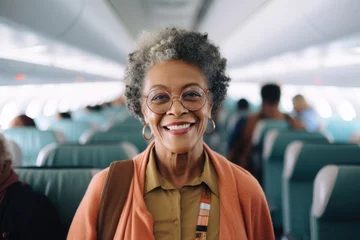 Gartenposter Alte Flugzeuge Portrait of a smiling senior woman on the commercial plane