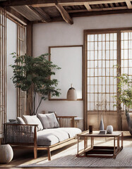 Home mockup, living room in Japandi style, 3d render