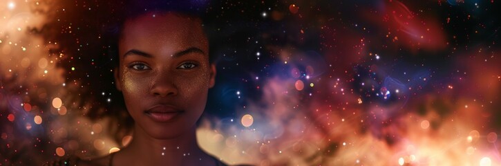 Fototapeta premium A beautiful calm woman looks at the camera against the backdrop of the universe. Generative AI