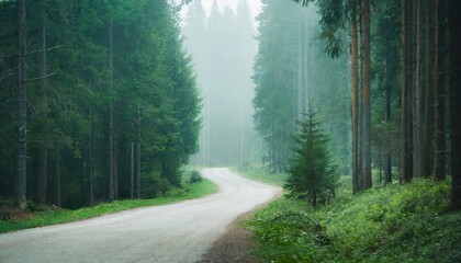 Fototapeta premium Misty road in fir forest. Natural scenery. Green nature