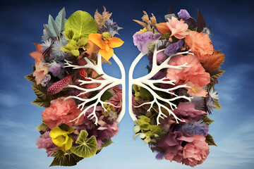 Internal human organs lungs anatomy from flowers in pastel color. AI Generative. 3d rendering. World Lung Day. International No Smoking Day