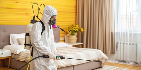 Pest control worker in protective suit spraying bedroom