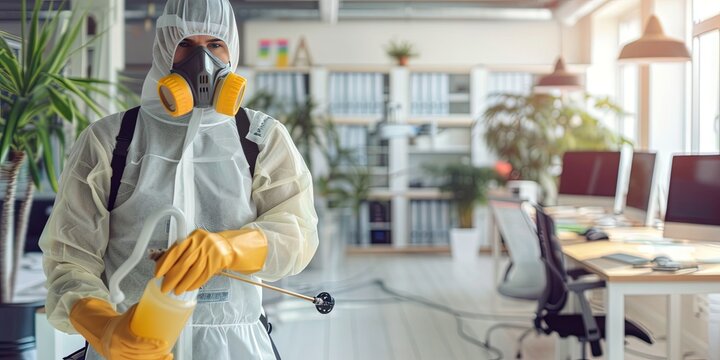 Pest control worker in protective suit spraying bedroom