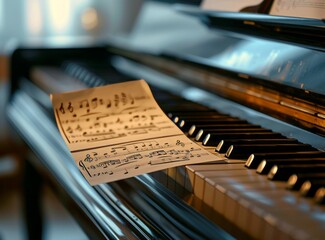 Close-up of a piano with sheet music, highlighting the black and white keys in soft lighting.