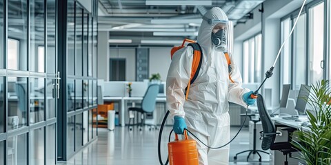 Pest control worker in protective suit spraying office - obrazy, fototapety, plakaty