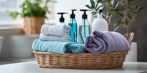 Fototapeta na wymiar basket of cleaning products in bathroom