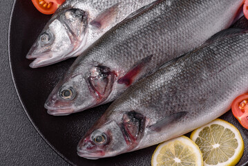 Fresh raw ocean sea bass fish with salt, spices and herbs