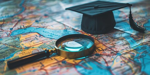 Magnifying glass on map with graduation cap for online search concept. Looking for a school to attend university and get an online or in-class education.