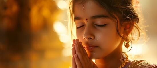 Innocent little girl with folded hands praying to God in a peaceful and devout manner - obrazy, fototapety, plakaty
