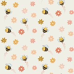 Seamless pattern design with cute bees spreading love