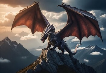 A large dragon with folded wings standing on a mountain peak with a dramatic cloudy sky in the...